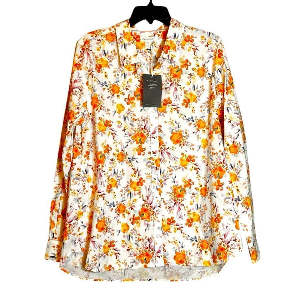 Garnet Hill White and Orange Floral Fitted Button Front Shirt Size 14 NWOT 📦